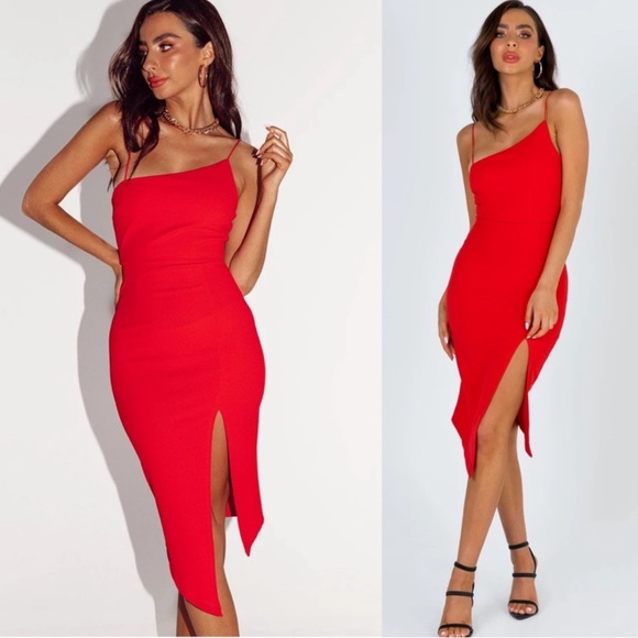 Princess Polly Dresses & Skirts - Princess Polly Red Aero Asymmetric Side Slit Midi Dress